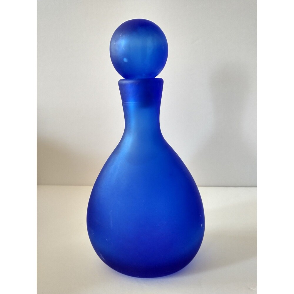 Vintage Cobalt Blue Frosted Glass Decanter with Ball Stopper